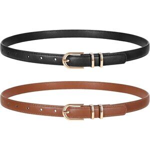 2 Pack Women's Skinny Leather Belts Black Dark Brown Thin Faux with Gold Buckle